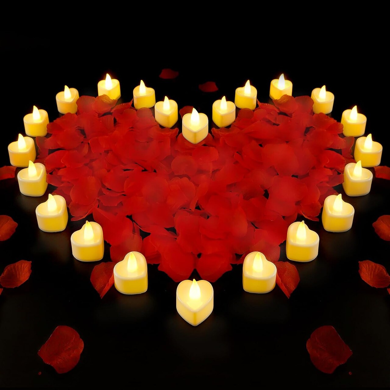 2000 Pcs Red Artificial Rose Petals with 24 Pcs Heart Shape Flameless Led Candles,Rose Petals and Candles Set,Romantic Decorations